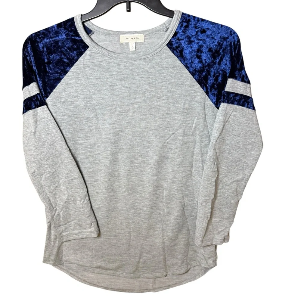Hailey & Co. Gray w/ Navy Blue Velvet Raglan Long Sleeve Baseball Tee Super Soft - Picture 3 of 11